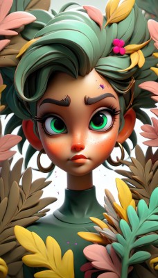 1girl,solo,looking at viewer,short hair,hair ornament,white background,jewelry,closed mouth,green eyes,upper body,flower,earrings,green hair,hairclip,artist name,hair flower,lips,petals,eyelashes,makeup,turtleneck,leaf,lipstick,portrait,freckles,hoop earrings,nose,green shirt,shirt