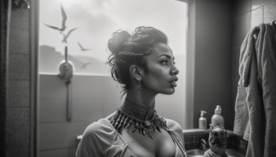 1girl,solo,breasts,large breasts,hair ornament,dress,holding,cleavage,jewelry,medium breasts,monochrome,upper body,weapon,braid,greyscale,earrings,parted lips,indoors,dark skin,necklace,hair bun,mole,blurry,from side,dark-skinned female,lips,gun,profile,bird,single hair bun,bottle,mole under mouth,freckles,mole on breast,mirror,realistic,nose,short hair,outdoors,choker,eyelashes,window,looking away,piercing,sunlight,statue