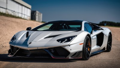 solo,outdoors,sky,artist name,signature,blurry,no humans,blurry background,shadow,ground vehicle,building,motor vehicle,car,road,vehicle focus,wheel,sports car