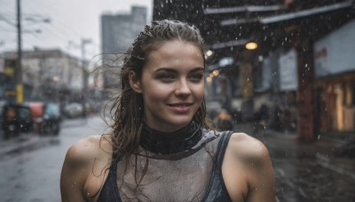 1girl,solo,long hair,looking at viewer,smile,brown hair,black hair,bare shoulders,upper body,outdoors,parted lips,sleeveless,blurry,lips,depth of field,blurry background,ground vehicle,building,motor vehicle,rain,city,realistic,car,photo background,teeth,scarf,snow,snowing,road,dirty,street