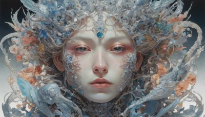 1girl,solo,long hair,looking at viewer,blonde hair,closed mouth,flower,black eyes,lips,gradient,grey eyes,gradient background,eyelashes,feathers,gem,portrait,freckles,realistic,nose,short hair,jewelry,grey hair,parted lips,water,makeup,floating hair,fish,straight-on,jellyfish