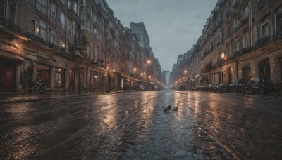 outdoors, sky, cloud, water, no humans, window, night, cloudy sky, ground vehicle, building, scenery, motor vehicle, reflection, rain, city, sign, car, road, lamppost, street, puddle