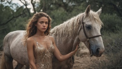 1girl,solo,long hair,breasts,looking at viewer,brown hair,dress,cleavage,bare shoulders,brown eyes,medium breasts,collarbone,upper body,small breasts,outdoors,white dress,blurry,tree,lips,blurry background,animal,wavy hair,nature,forest,realistic,horse,parted lips,sleeveless,day,signature,mole,curly hair,spaghetti strap