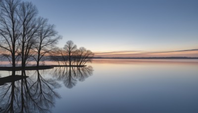 outdoors,sky,day,cloud,water,tree,blue sky,no humans,ocean,scenery,reflection,sunset,horizon,winter,bare tree,lake,gradient sky,sunrise,nature,landscape,reflective water