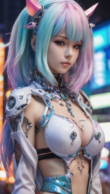 1girl,solo,long hair,breasts,looking at viewer,bangs,large breasts,hair ornament,navel,cleavage,jewelry,medium breasts,closed mouth,blue hair,upper body,pink hair,multicolored hair,parted lips,horns,blurry,two-tone hair,lips,grey eyes,aqua hair,gradient hair,makeup,depth of field,blurry background,headgear,revealing clothes,science fiction,realistic,cyberpunk,blue eyes,earrings,armor,eyelashes,piercing,ear piercing,nose,fake horns