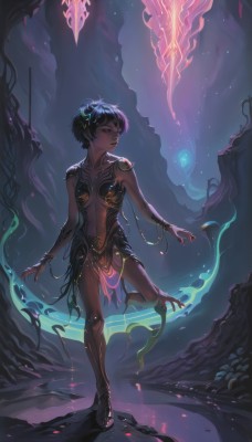 1girl,solo,breasts,short hair,black hair,hair ornament,navel,jewelry,standing,collarbone,full body,closed eyes,small breasts,barefoot,dark skin,nail polish,bracelet,dark-skinned female,tree,lips,fingernails,tattoo,glowing,fire,floating,toenails,fantasy,toenail polish,magic,spirit,parted lips,artist name,armor,high heels,looking to the side,looking away,red nails,very short hair,cave