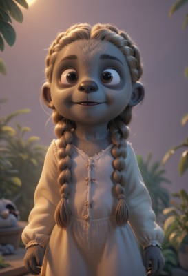 1girl,solo,long hair,looking at viewer,smile,open mouth,brown hair,long sleeves,dress,animal ears,brown eyes,standing,braid,parted lips,indoors,white dress,blurry,twin braids,blurry background,plant,child,claws,furry,backlighting,furry female,arms at sides,female child,potted plant,body fur,furrification,twintails,teeth,artist name,lips,depth of field,thick eyebrows,nose