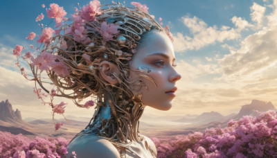 1girl, solo, flower, outdoors, sky, day, cloud, tree, blue sky, lips, no humans, profile, cherry blossoms, scenery, science fiction, mountain, realistic, android