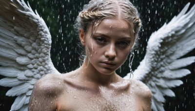 1girl,solo,looking at viewer,short hair,blonde hair,closed mouth,upper body,braid,nude,wings,lips,wet,grey eyes,portrait,feathered wings,rain,angel wings,realistic,white wings,angel,bare shoulders,jewelry,collarbone,earrings,feathers