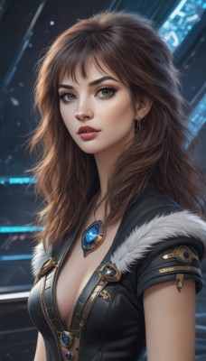 1girl,solo,long hair,breasts,looking at viewer,brown hair,cleavage,brown eyes,jewelry,medium breasts,upper body,short sleeves,earrings,parted lips,necklace,blurry,lips,fur trim,eyelashes,makeup,blurry background,gem,pendant,freckles,realistic,nose,red lips,bangs,lipstick