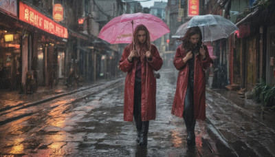 long hair, multiple girls, brown hair, holding, 2girls, outdoors, pants, coat, umbrella, black pants, walking, rain, holding umbrella, city, road, red coat, street, pavement, crosswalk