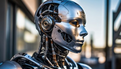 solo,male focus,blurry,from side,no humans,profile,depth of field,blurry background,helmet,robot,building,portrait,mecha,1other,science fiction,realistic,android,cable,cyborg,looking ahead,power armor,cyberpunk,wire,humanoid robot,1girl,lips,close-up,machinery