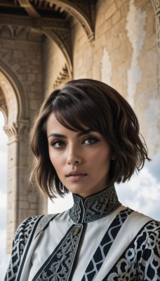 1girl,solo,looking at viewer,smile,short hair,bangs,brown hair,black hair,brown eyes,jewelry,closed mouth,upper body,earrings,day,blurry,lips,looking to the side,blurry background,freckles,realistic,nose,sky,cloud,eyelashes,watermark,web address,arch