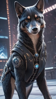 solo,looking at viewer,brown eyes,jewelry,closed mouth,standing,outdoors,artist name,necklace,mole,blurry,vest,no humans,night,blurry background,animal,brooch,gem,mole under mouth,furry,colored sclera,science fiction,dog,animal focus,wolf,signature,realistic