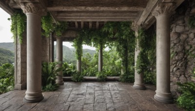 outdoors,sky,day,cloud,tree,dutch angle,no humans,sunlight,grass,plant,nature,scenery,forest,bush,ruins,pillar,arch,moss,column,stone floor,mountain,landscape,overgrown