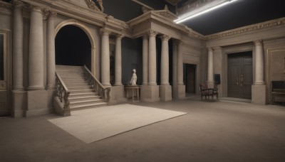 1boy,dress,sitting,indoors,no humans,window,chair,scenery,stairs,door,pillar,statue,column,table,sunlight,light,throne,arch