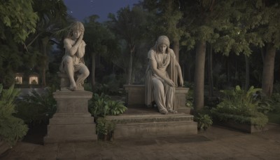 1girl,long hair,blonde hair,1boy,dress,sitting,closed eyes,outdoors,sky,barefoot,tree,night,plant,star (sky),night sky,starry sky,lantern,stairs,bush,statue,fountain,solo,closed mouth,grey hair,male focus,nude,no humans,grass,nature,scenery