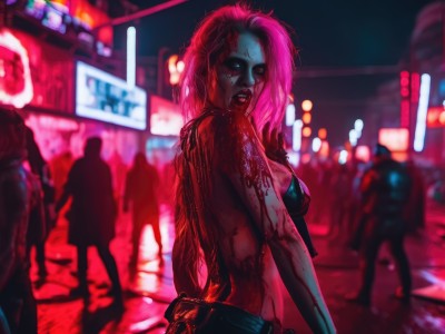 1girl,long hair,breasts,looking at viewer,red eyes,bare shoulders,medium breasts,swimsuit,pink hair,bikini,outdoors,parted lips,solo focus,belt,looking back,medium hair,from behind,blurry,lips,blood,sideboob,tattoo,makeup,night,depth of field,blurry background,back,lipstick,bikini top only,injury,blood on face,city,nose,blood on clothes,zombie,blood splatter,crowd,cyberpunk,neon lights,people,short hair,open mouth,small breasts,teeth,black bikini,fangs,piercing,sign,nose piercing,eyebrow piercing,blood on arm