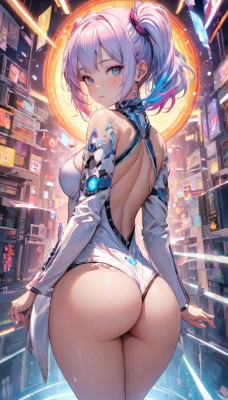 1girl,solo,long hair,breasts,looking at viewer,blush,short hair,bangs,blue eyes,long sleeves,bare shoulders,twintails,medium breasts,blue hair,standing,pink hair,purple hair,ass,sidelocks,thighs,multicolored hair,cowboy shot,parted lips,detached sleeves,looking back,from behind,leotard,streaked hair,back,backless outfit,white leotard,backless leotard,large breasts,hair ornament,closed mouth,earrings,outdoors,side ponytail,two-tone hair,gradient hair,building,legs together