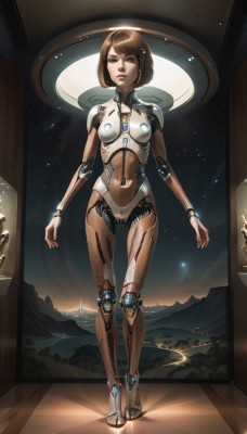 1girl,solo,breasts,looking at viewer,short hair,bangs,brown hair,brown eyes,standing,full body,small breasts,sky,indoors,lips,window,bob cut,robot,star (sky),science fiction,mountain,arms at sides,android,joints,space,planet,cyborg,robot joints,navel,swept bangs,toenails