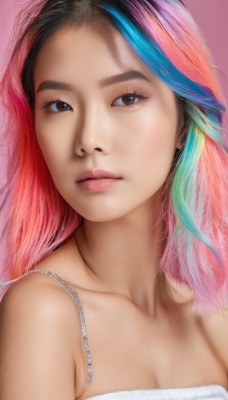 1girl,solo,long hair,breasts,looking at viewer,simple background,black hair,cleavage,bare shoulders,brown eyes,jewelry,medium breasts,closed mouth,blue hair,collarbone,upper body,pink hair,multicolored hair,earrings,small breasts,black eyes,two-tone hair,lips,streaked hair,eyelashes,makeup,pink background,portrait,realistic,nose,rainbow hair