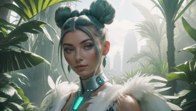 1girl,solo,looking at viewer,smile,short hair,black hair,jewelry,green eyes,upper body,earrings,parted lips,green hair,dark skin,hair bun,dark-skinned female,tree,lips,fur trim,double bun,makeup,leaf,plant,portrait,realistic,nose,hair behind ear,bare shoulders,blue hair,outdoors,aqua hair,sunlight,scenery,backlighting,science fiction