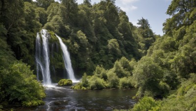 outdoors,sky,day,cloud,water,tree,blue sky,no humans,grass,nature,scenery,forest,rock,river,waterfall,landscape,bush,moss