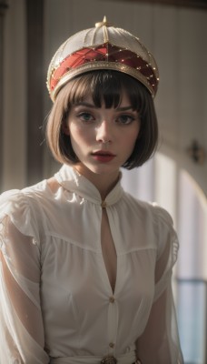 1girl,solo,breasts,looking at viewer,short hair,bangs,brown hair,black hair,hat,dress,cleavage,upper body,small breasts,parted lips,teeth,indoors,white dress,blurry,black eyes,lips,see-through,grey eyes,depth of field,blurry background,bob cut,crown,realistic,nose,red lips,shirt,jewelry,eyelashes