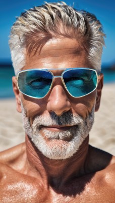 solo,looking at viewer,smile,short hair,blue eyes,1boy,closed mouth,collarbone,white hair,male focus,multicolored hair,outdoors,sky,day,blurry,muscular,blurry background,facial hair,ocean,beach,sunglasses,pectorals,muscular male,portrait,bara,eyewear on head,beard,close-up,mature male,realistic,mustache,sand,manly,old,old man,wrinkled skin,upper body,grey hair,shiny,water,blue sky,lips,shiny skin,depth of field,scar,sunlight,scar on face,sidelighting