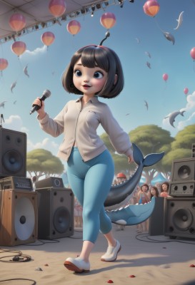 1girl,solo,breasts,looking at viewer,smile,short hair,open mouth,bangs,blue eyes,brown hair,shirt,black hair,long sleeves,holding,standing,tail,full body,white shirt,hairband,small breasts,outdoors,parted lips,multiple boys,sky,shoes,teeth,solo focus,day,collared shirt,pants,cloud,medium hair,tree,blue sky,lips,upper teeth only,white footwear,bob cut,instrument,child,microphone,walking,music,blue pants,female child,cable,balloon,holding microphone,fish tail,shark tail,shark girl,stage,speaker,blush,multiple girls,black eyes,bird,stuffed toy,leggings