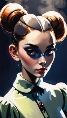 1girl,solo,looking at viewer,blush,short hair,simple background,brown hair,shirt,closed mouth,green eyes,upper body,hair bun,mole,lips,eyelashes,mole under eye,double bun,makeup,buttons,sunglasses,thick eyebrows,lipstick,smoke,nose,red lips,tinted eyewear,blue eyes,glasses,single hair bun,portrait,eyeshadow,realistic,mole on cheek