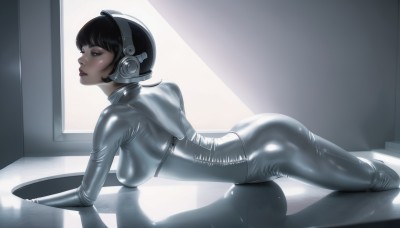 1girl,solo,breasts,looking at viewer,blush,short hair,bangs,large breasts,black hair,brown eyes,medium breasts,ass,parted lips,shiny,indoors,lips,window,bodysuit,headphones,all fours,skin tight,headset,shiny clothes,latex,latex bodysuit,from side,reflection