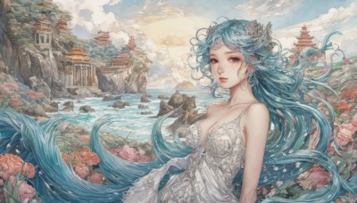 1girl,solo,long hair,breasts,looking at viewer,hair ornament,dress,cleavage,bare shoulders,jewelry,medium breasts,very long hair,blue hair,collarbone,upper body,flower,outdoors,sky,sleeveless,day,cloud,hair flower,water,white dress,tree,lips,aqua hair,makeup,floating hair,sleeveless dress,ocean,cloudy sky,wind,building,scenery,mountain,architecture,east asian architecture,river,castle,blue eyes,earrings,parted lips,blue sky,grey eyes,rock