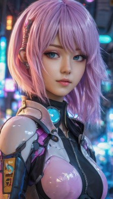 1girl,solo,breasts,looking at viewer,short hair,bangs,blue eyes,jewelry,medium breasts,closed mouth,upper body,pink hair,earrings,artist name,blurry,lips,looking to the side,bodysuit,depth of field,blurry background,piercing,bob cut,zipper,science fiction,cyborg,cyberpunk,jacket,hairband,outdoors,open clothes,signature,armor,from side,open jacket,eyelashes,makeup,night,swept bangs,eyeshadow,backlighting,freckles,pink lips,nose,unzipped,eyeliner,mascara