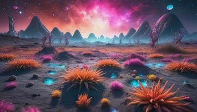 flower,outdoors,sky,water,no humans,night,moon,grass,star (sky),night sky,scenery,starry sky,reflection,rock,mountain,fantasy,space,planet,landscape,cloud,glowing,mountainous horizon