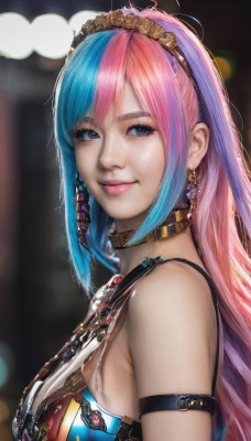 1girl,solo,long hair,breasts,looking at viewer,smile,bangs,blue eyes,large breasts,cleavage,bare shoulders,jewelry,medium breasts,closed mouth,blue hair,upper body,pink hair,multicolored hair,hairband,earrings,choker,necklace,blurry,collar,from side,two-tone hair,lips,eyelashes,makeup,depth of field,blurry background,tiara,gem,armlet,pink lips,realistic,nose,arm strap,hair ornament,sleeveless,strap