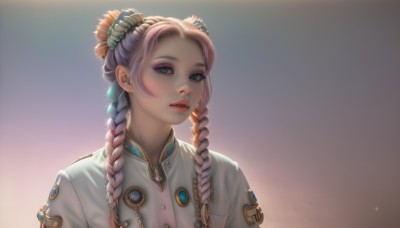 1girl,solo,long hair,looking at viewer,bangs,shirt,hair ornament,white shirt,upper body,pink hair,braid,multicolored hair,parted lips,teeth,artist name,hair flower,twin braids,two-tone hair,lips,gradient,grey eyes,gradient background,eyelashes,makeup,buttons,lipstick,portrait,eyeshadow,realistic,red lips,multiple braids,simple background,green eyes,blue hair,flower,blurry,uniform,white jacket,gem,pink lips,nose