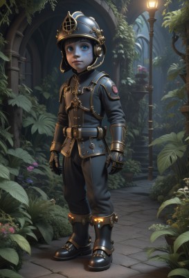 1girl,solo,looking at viewer,short hair,blue eyes,gloves,1boy,standing,full body,flower,male focus,boots,outdoors,belt,pants,armor,lips,leaf,helmet,plant,gauntlets,lamp,lamppost,jacket,uniform,military,colored skin,child,fantasy,male child,steampunk