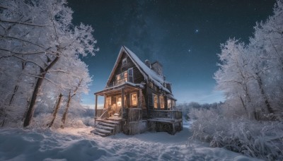 outdoors,sky,water,tree,no humans,window,night,grass,building,star (sky),night sky,scenery,snow,starry sky,lantern,snowing,stairs,door,house,winter,bare tree,ground vehicle,nature,milky way