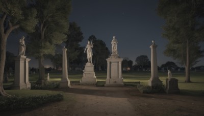 solo,1boy,outdoors,sky,tree,no humans,night,grass,star (sky),nature,night sky,scenery,bush,pillar,statue,tombstone,stone lantern,day,starry sky,path