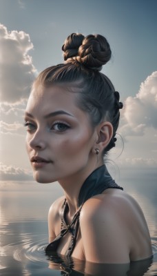 1girl,solo,breasts,looking at viewer,short hair,black hair,bare shoulders,jewelry,swimsuit,upper body,braid,earrings,small breasts,outdoors,parted lips,sky,day,cloud,water,hair bun,mole,black eyes,lips,ocean,single hair bun,partially submerged,freckles,reflection,realistic,nose,dress,eyelashes,makeup,cloudy sky,ripples