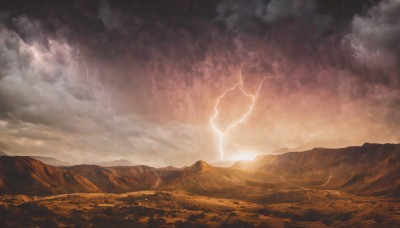 outdoors,sky,cloud,no humans,cloudy sky,nature,scenery,mountain,electricity,lightning,landscape,mountainous horizon,hill,tree,sunlight