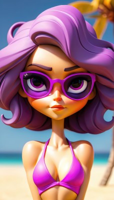 1girl,solo,breasts,looking at viewer,short hair,cleavage,bare shoulders,closed mouth,purple eyes,collarbone,swimsuit,upper body,purple hair,bikini,small breasts,outdoors,sky,glasses,day,shiny,artist name,medium hair,blurry,tree,blue sky,lips,eyelashes,makeup,blurry background,ocean,beach,sunglasses,lipstick,eyeshadow,sand,palm tree,pink bikini,purple bikini,purple-framed eyewear,medium breasts,multicolored hair,depth of field,watermark,summer