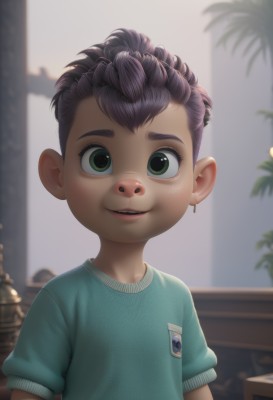 1girl,solo,looking at viewer,smile,short hair,open mouth,shirt,1boy,jewelry,green eyes,upper body,purple hair,short sleeves,male focus,earrings,parted lips,teeth,indoors,blurry,blurry background,piercing,blue shirt,child,androgynous,freckles,female child,male child,badge,black hair,pointy ears,artist name,plant,realistic,green shirt