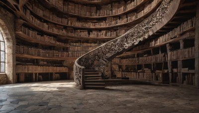 day,indoors,book,no humans,window,sunlight,scenery,light rays,stairs,bookshelf,architecture,library,ceiling,arch,signature,chair,fantasy,tile floor,ruins,pillar