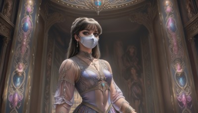 1girl,solo,long hair,breasts,bangs,brown hair,black hair,dress,navel,brown eyes,jewelry,upper body,braid,earrings,small breasts,solo focus,choker,indoors,necklace,black eyes,bracelet,see-through,clothing cutout,mask,gem,mouth mask,see-through sleeves,mouth veil,looking at viewer,midriff,realistic,navel cutout