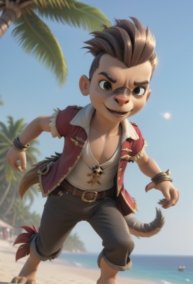 solo,looking at viewer,smile,open mouth,brown hair,shirt,1boy,brown eyes,jewelry,jacket,tail,full body,white shirt,male focus,outdoors,open clothes,sky,barefoot,teeth,day,belt,pants,necklace,blurry,bracelet,tree,blue sky,blurry background,beach,child,furry,sand,palm tree,bandaid on face,furry male,male child,bandaid on nose,pirate,animal ears,multicolored hair,vest,brown belt,mohawk