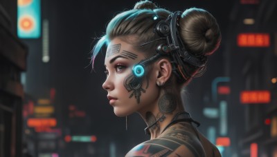 1girl,solo,short hair,brown hair,black hair,brown eyes,jewelry,closed mouth,upper body,earrings,hair bun,blurry,from side,lips,double bun,tattoo,profile,depth of field,blurry background,headgear,facial mark,portrait,science fiction,realistic,nose,android,cyborg,cyberpunk,neck tattoo,earpiece,neon lights,looking at viewer,eyelashes,makeup,night,piercing,ear piercing,close-up,city,stud earrings,cityscape,facial tattoo,eyebrow piercing,hologram