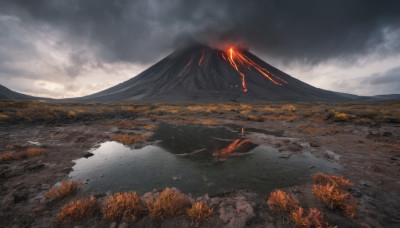 outdoors, sky, cloud, tree, no humans, cloudy sky, fire, nature, scenery, mountain, lightning, landscape, molten rock