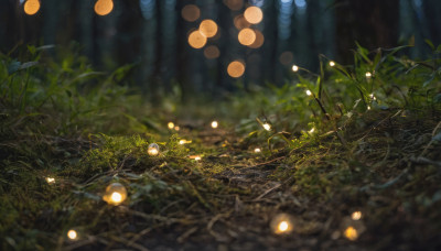 outdoors, blurry, tree, no humans, night, depth of field, leaf, plant, nature, scenery, forest, branch, fireflies